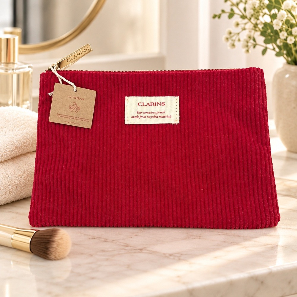 Clarins Red Corduroy Zip Pouch Makeup Bag Eco Recycled Materials NEW